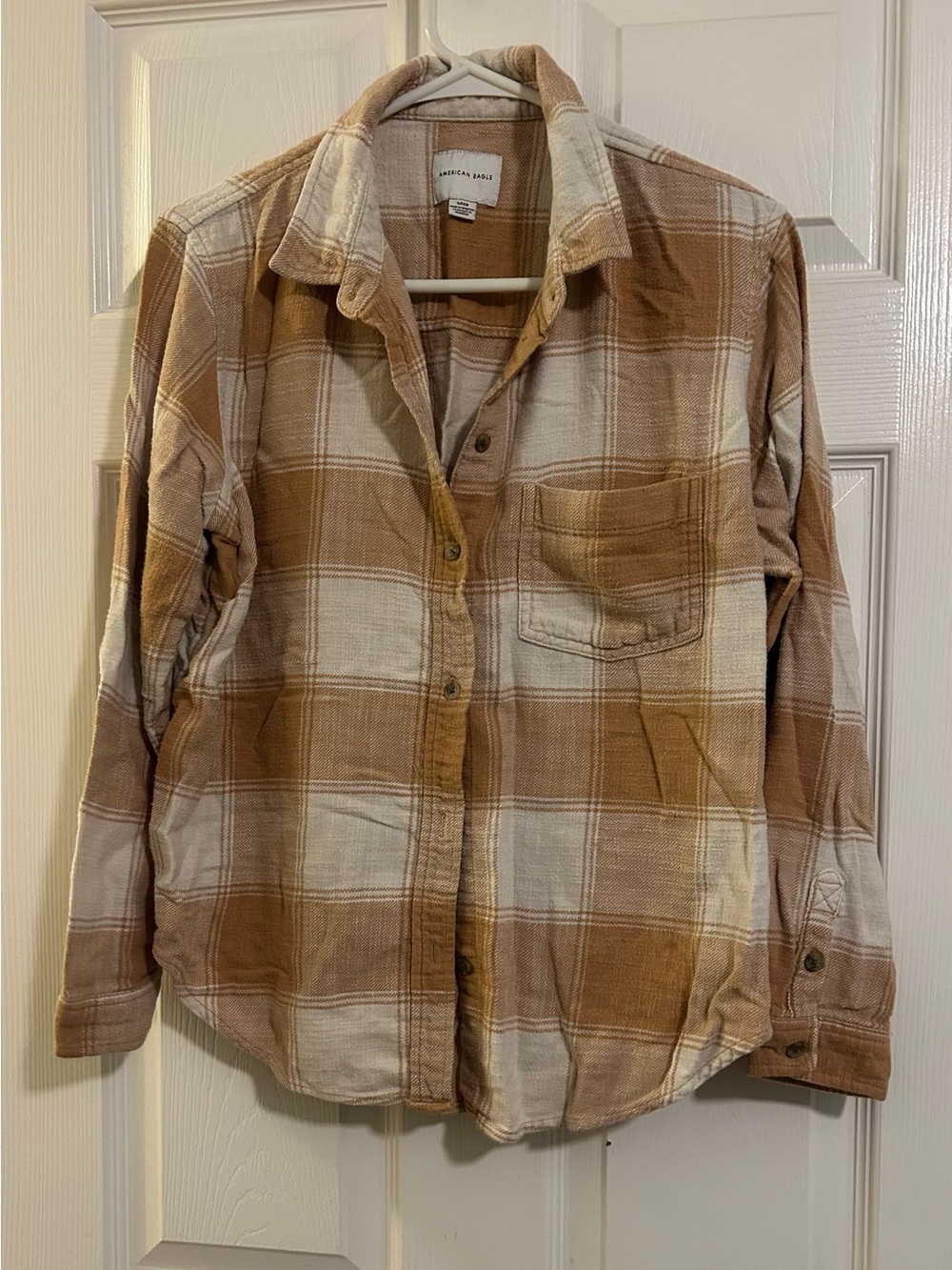 American Eagle Outfitters Tan and Cream Plaid Button-Down Shirt